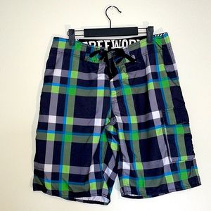 Free World | Green and Black Plaid Men's Swim Shorts